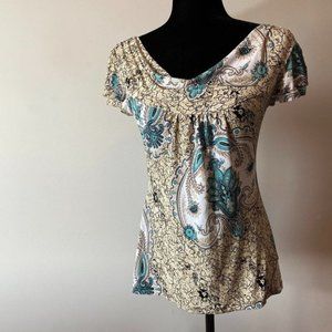 Top Slinky Draped Round Collar Cream and Aqua sz M